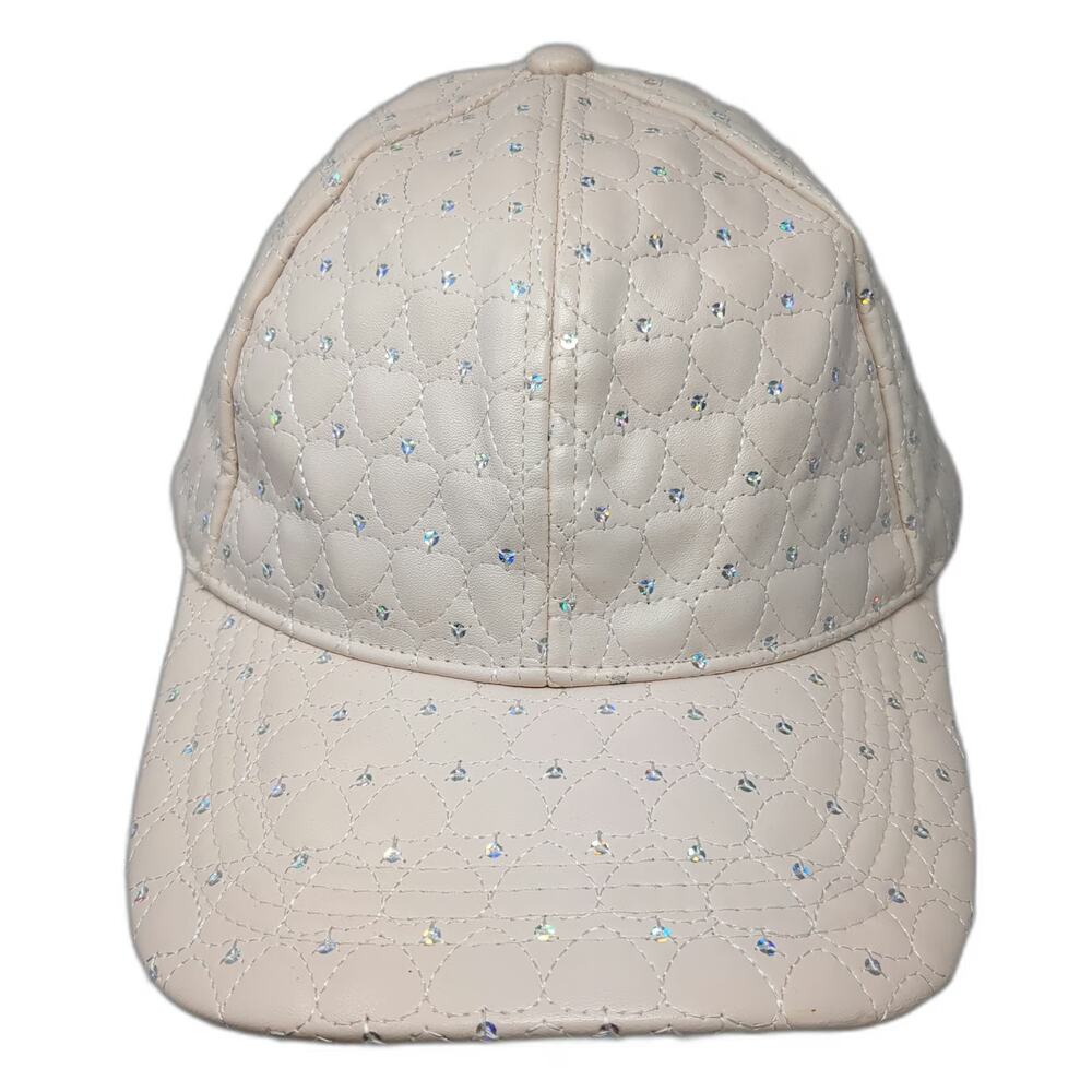 Claire's Snapback Hat Beige One Size Quilted Heart Iridescent Rhinestones Cap